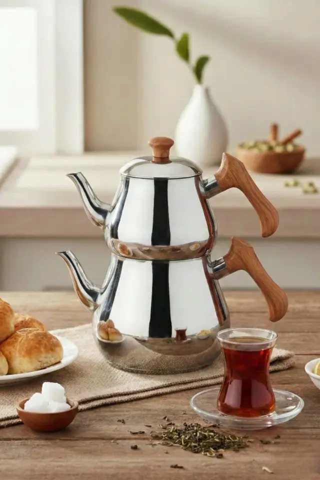 Özkent Pİramit Mini Çaydanlık Ahşap Süzgeçli