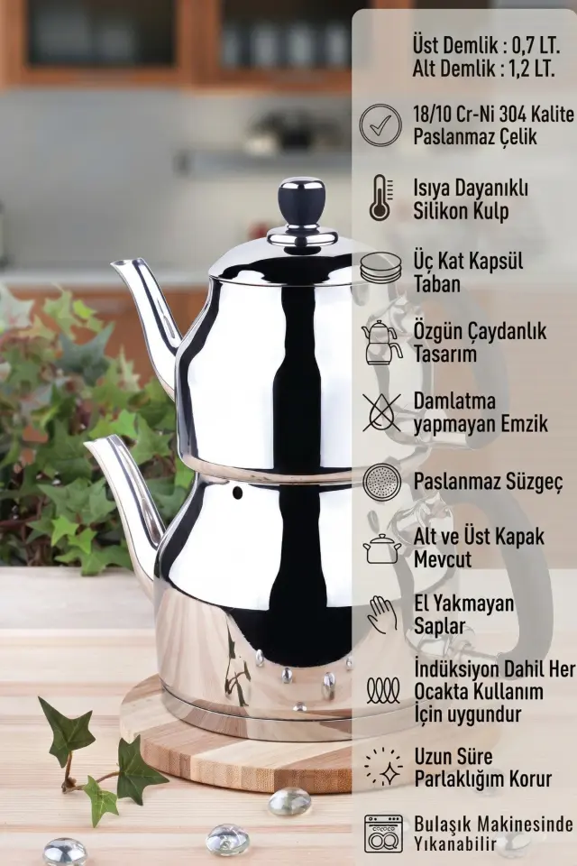 Symbol Küçük Boy Paslanmaz Çelik Çaydanlık 1,9 Lt (0,7+1,2Lt) Süzgeçli