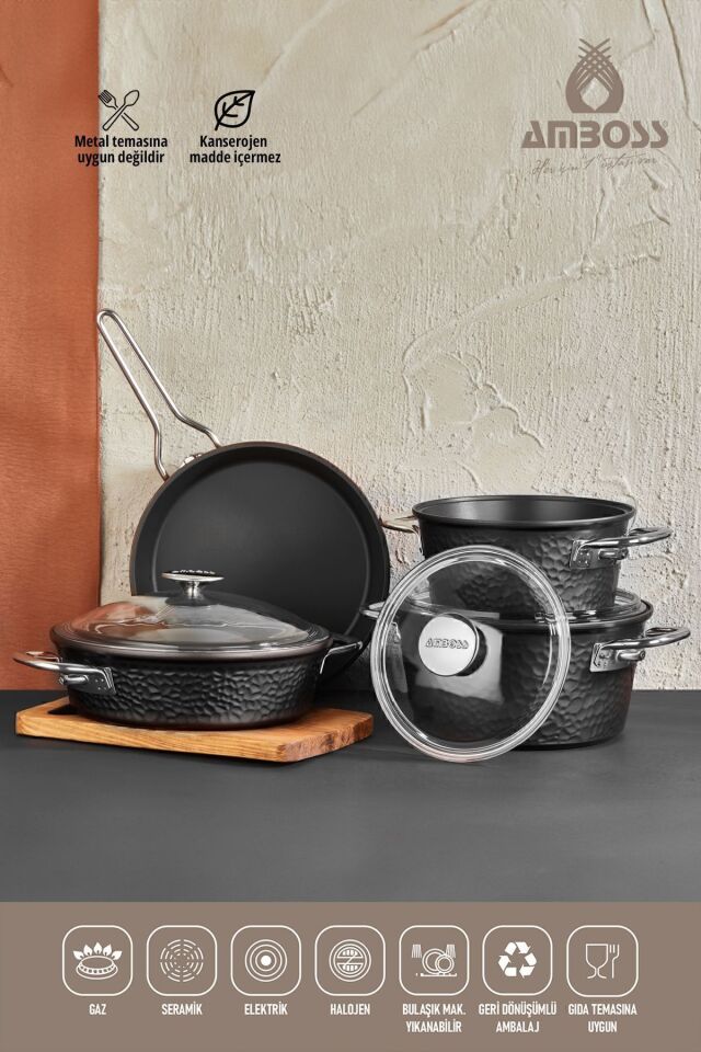 Cruz 7 Parça Payrex Cam Kapaklı Granit Döküm Tencere Seti Fırına Girebilen - Siyah