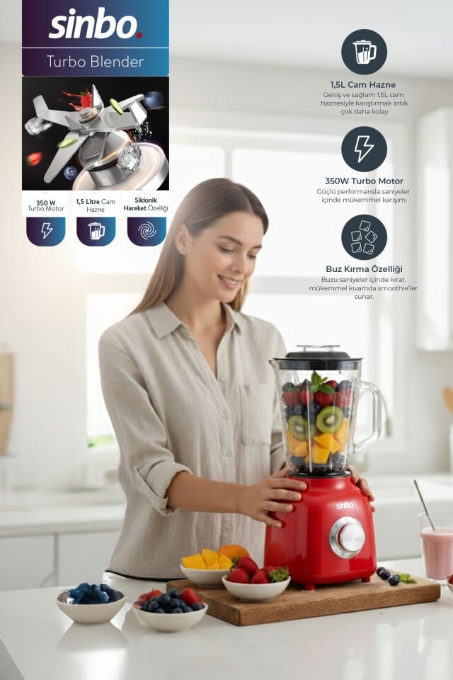 SHB-7516 Turbo Blender - Smoothie Blender - 1.5 Litre Cam Hazne-Kırmızı