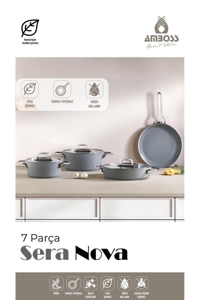 Sera Nova 7 Parça Seramik Tencere Tava Seti Gri