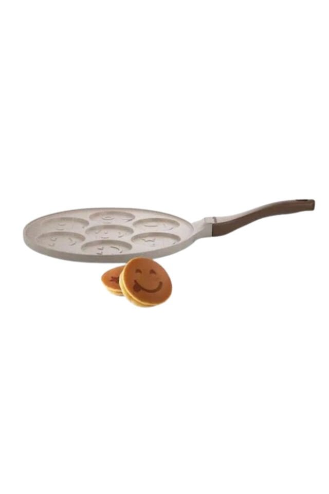 ThermoAD Granit Döküm Vizon Renk Granit Sütlük - Sosluk - Granit Gülenyüz Emojili Pankek Tavası- 28 Cm