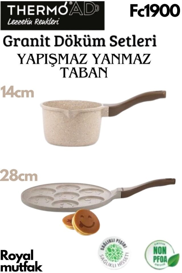 ThermoAD Granit Döküm Vizon Renk Granit Sütlük - Sosluk - Granit Gülenyüz Emojili Pankek Tavası- 28 Cm