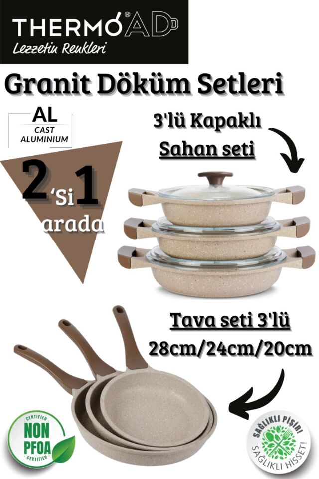 9 Parça Set Aluminium Döküm Vizon 3'lü Sahan Seti ve 3'lü Tava Seti