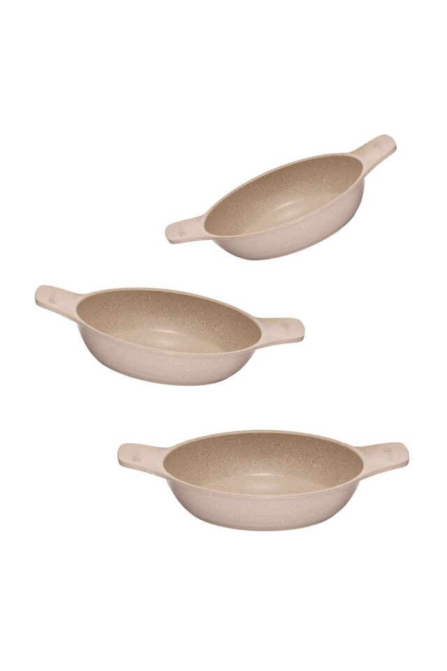 ThermoAD | Güveç Sahan Set | Döküm Kendinden Saplı | 3 Parça | Vizon | 18cm-20cm-22cm