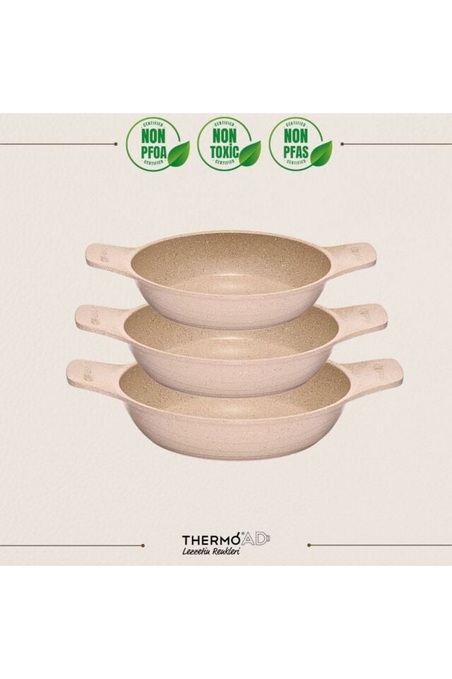 ThermoAD | Güveç Sahan Set | Döküm Kendinden Saplı | 3 Parça | Vizon | 18cm-20cm-22cm