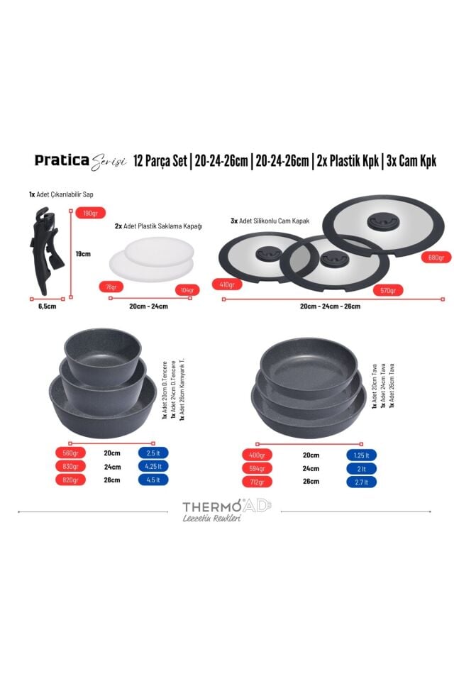 ThermoAD | PRATİCA SERİSİ | 12 Parça | Tencere ve Tava Set | Gri