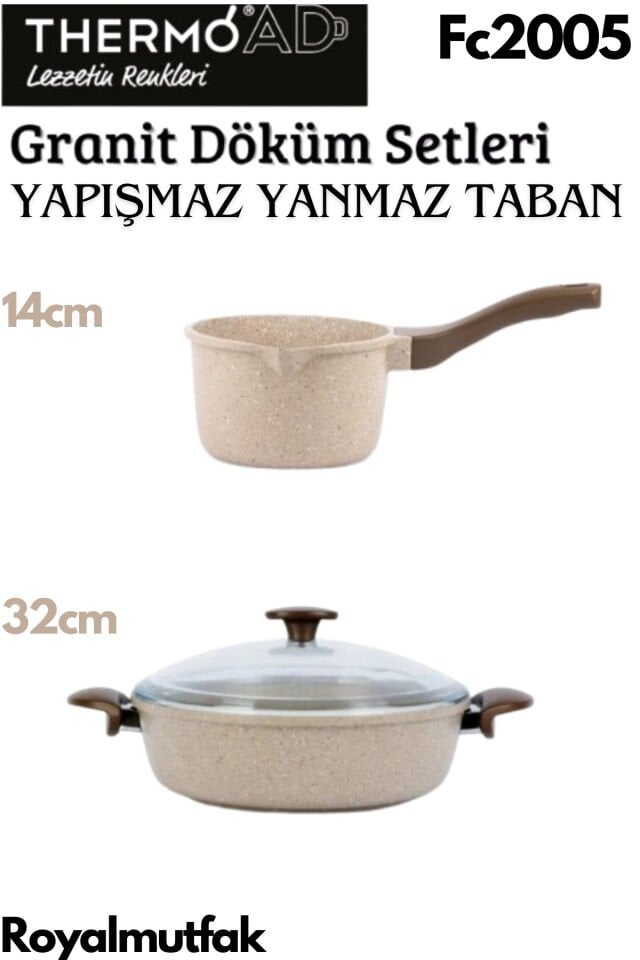 Döküm Granit Vizon Karnıyarık Pilav Tencere 32cm +  Döküm Granit Sütlük - Sosluk / Vizon 14cm