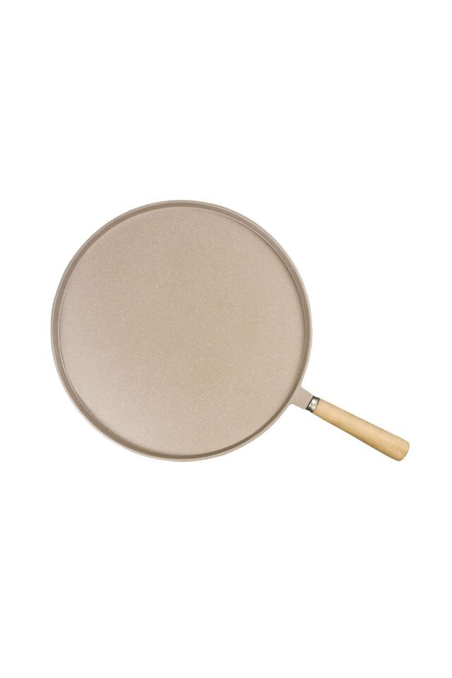 ThermoAD Granit Döküm 36 Cm Gözleme Tavası Ahşap Saplı - Vizon - ( Yapışmaz -Yanmaz Taban )